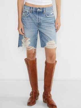 RE/DONE Loose Long Short Minerva Destroy Blue Denim Size 30 Highrise Bermuda